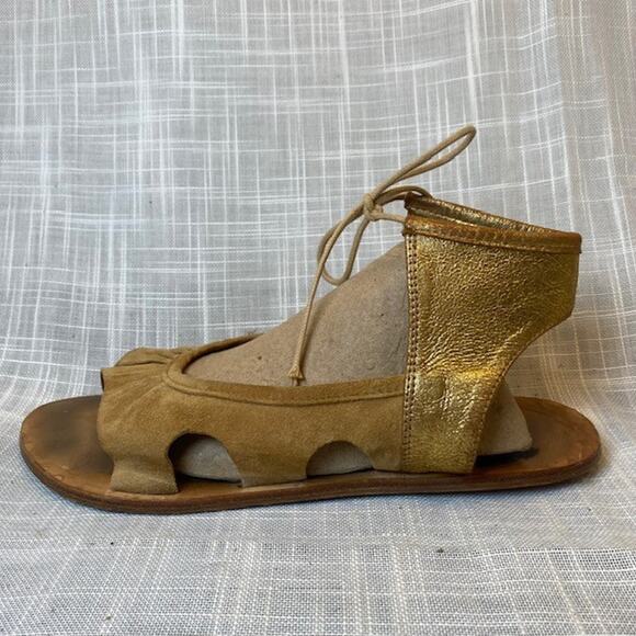Repetto Metallic Gold Leather Tan Suede Ankle Tie Sandals Shoes Size 7 - Picture 1 of 8